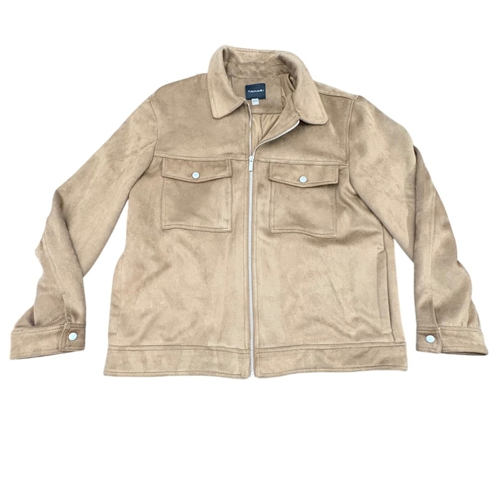 Tahari Camel Brown Faux Suede Full Front Zip Utility Jacket Mens XL Fall Coat